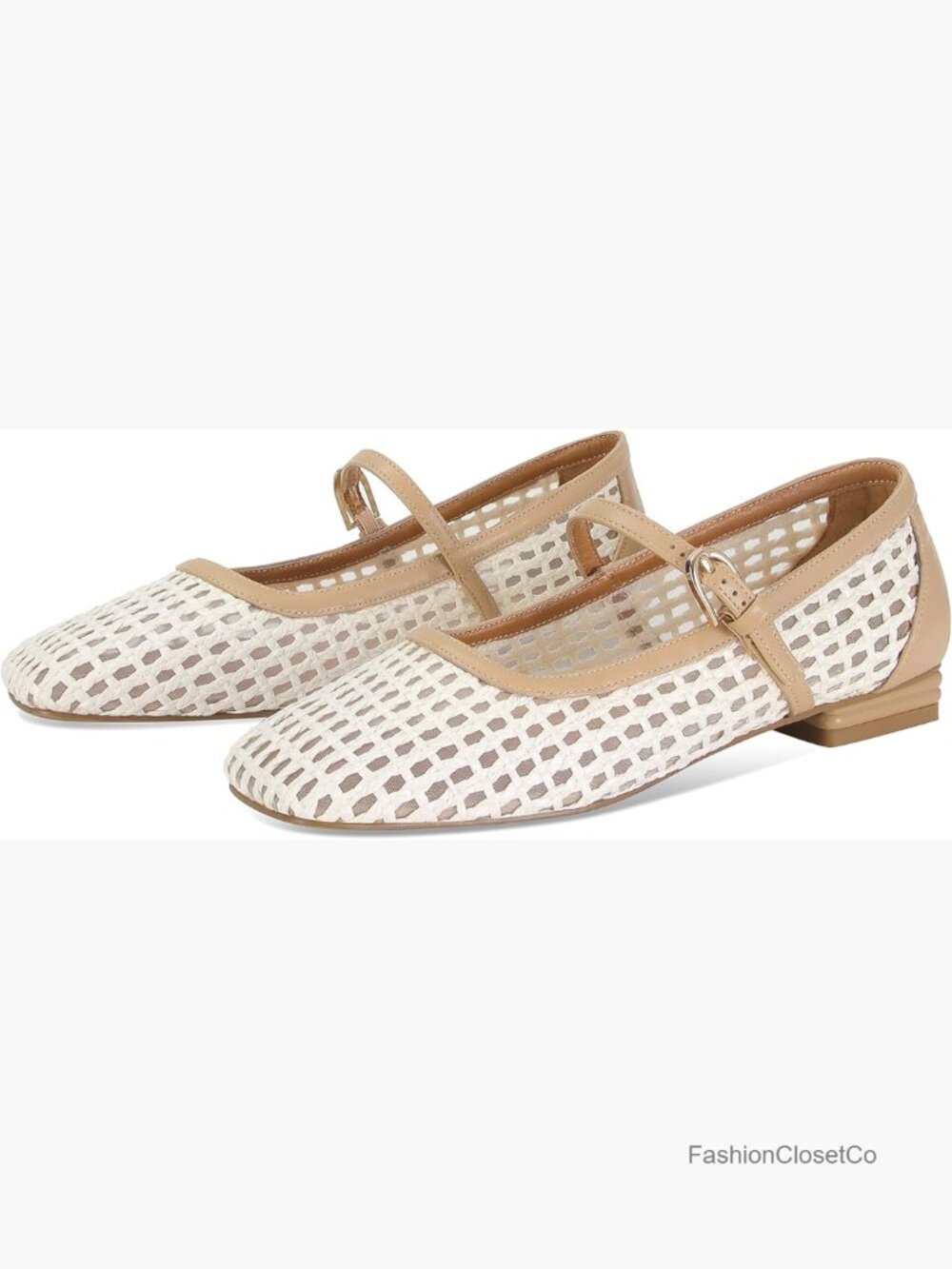 Women's Mesh Woven Mary Jane Ballet Flats Square Toe Breathable Raffia Flats